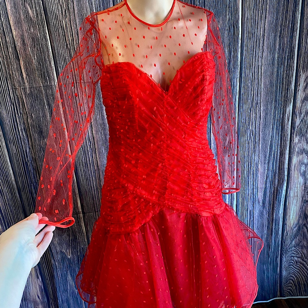 Vintage Red Illusion Mesh and Tulle dress - perfect for unique prom